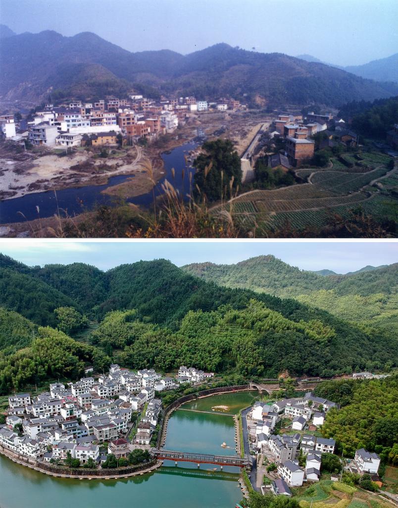 圖為浙江省杭州市淳安縣楓樹嶺鎮(zhèn)下姜村拼版圖，其中上圖為資料照片、下圖由新華社記者張鋮攝。